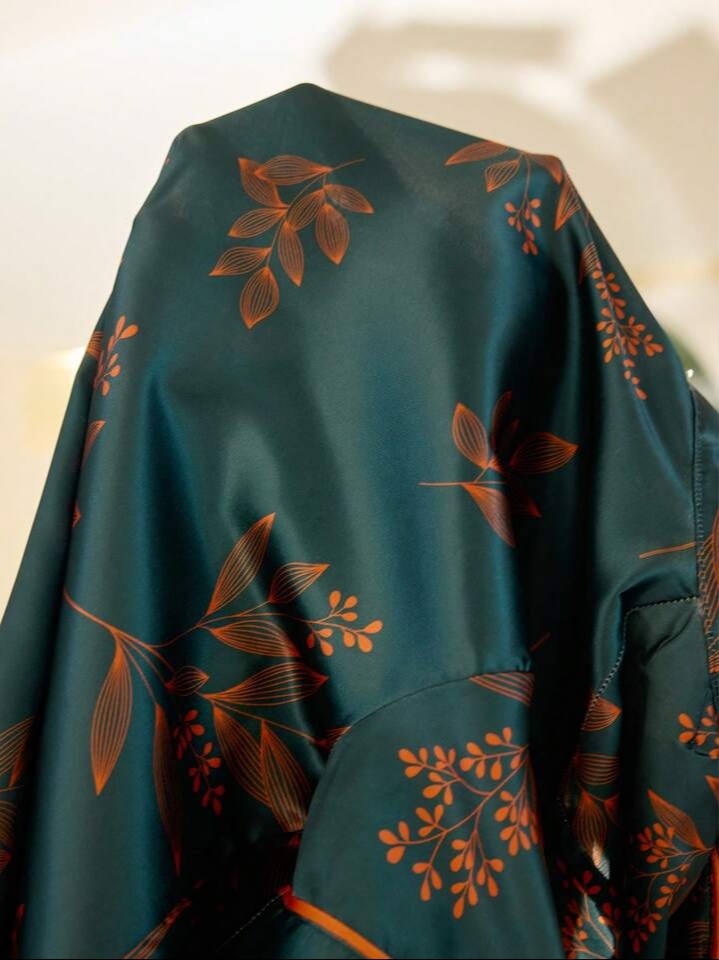 LuxeNights Faux Silk Leaf Print Short Sleeve Shorts Lapel Cardigan Short Set